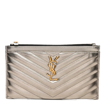 Saint Laurent Metallic Grain De Poudre Matelasse Chevron Monogram Bill Pouch Piombo 1 of 9