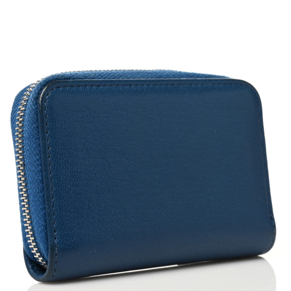 Goatskin Camellia Zip Coin Purse Dark Blue