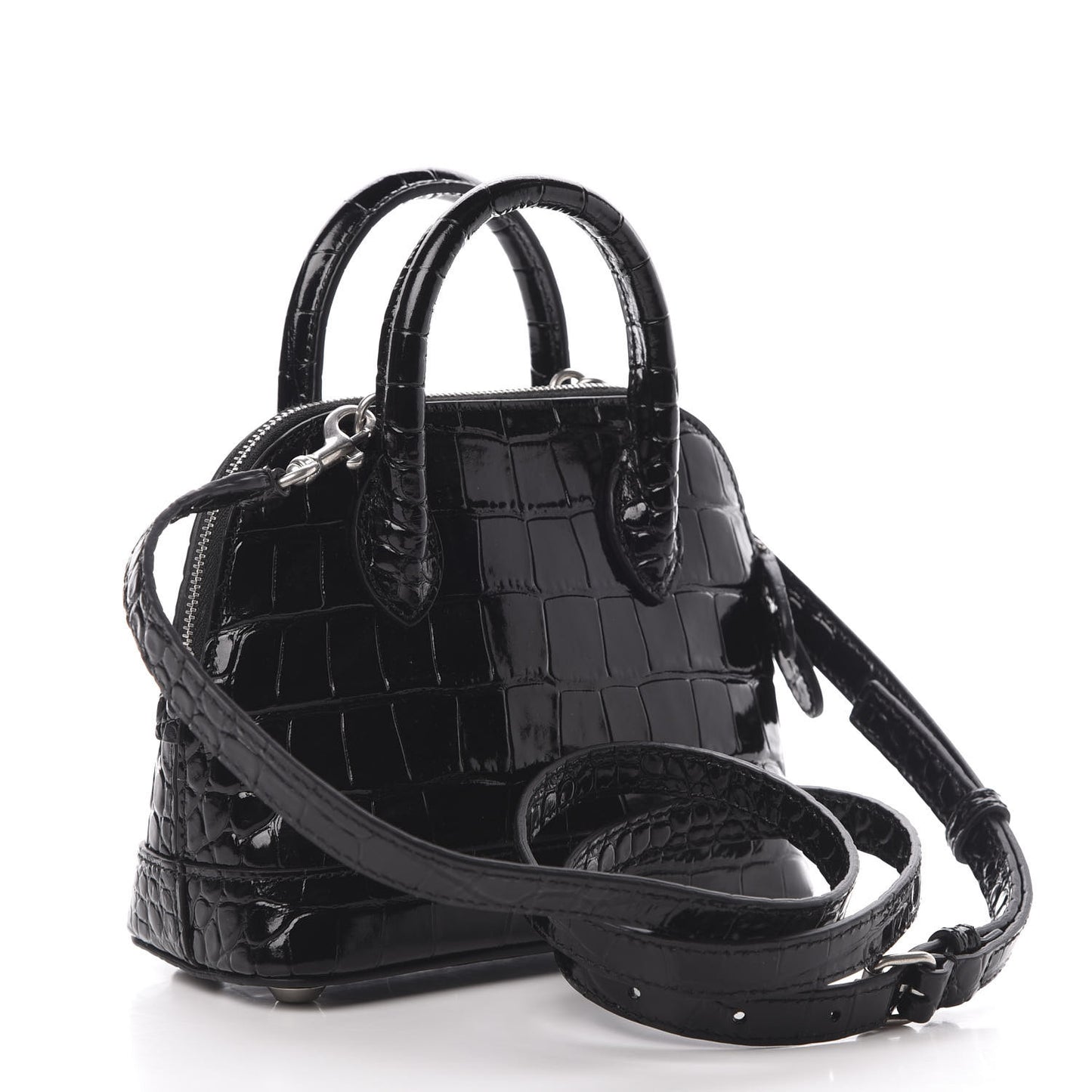 Shiny Calfskin Logo Crocodile Embossed XXS Ville Top Handle Bag Black White