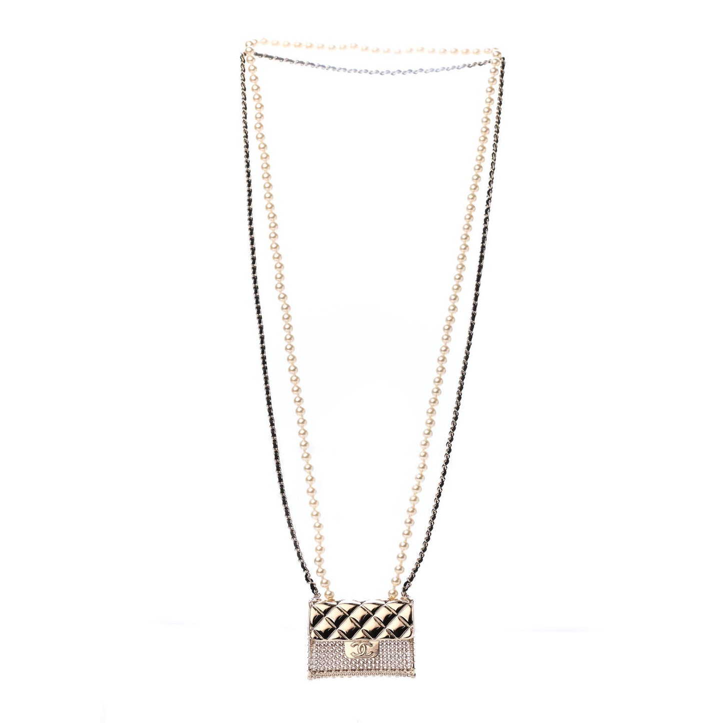 Metal Lambskin Pearl Chain Flap Bag Long Necklace Gold Black Pearly White