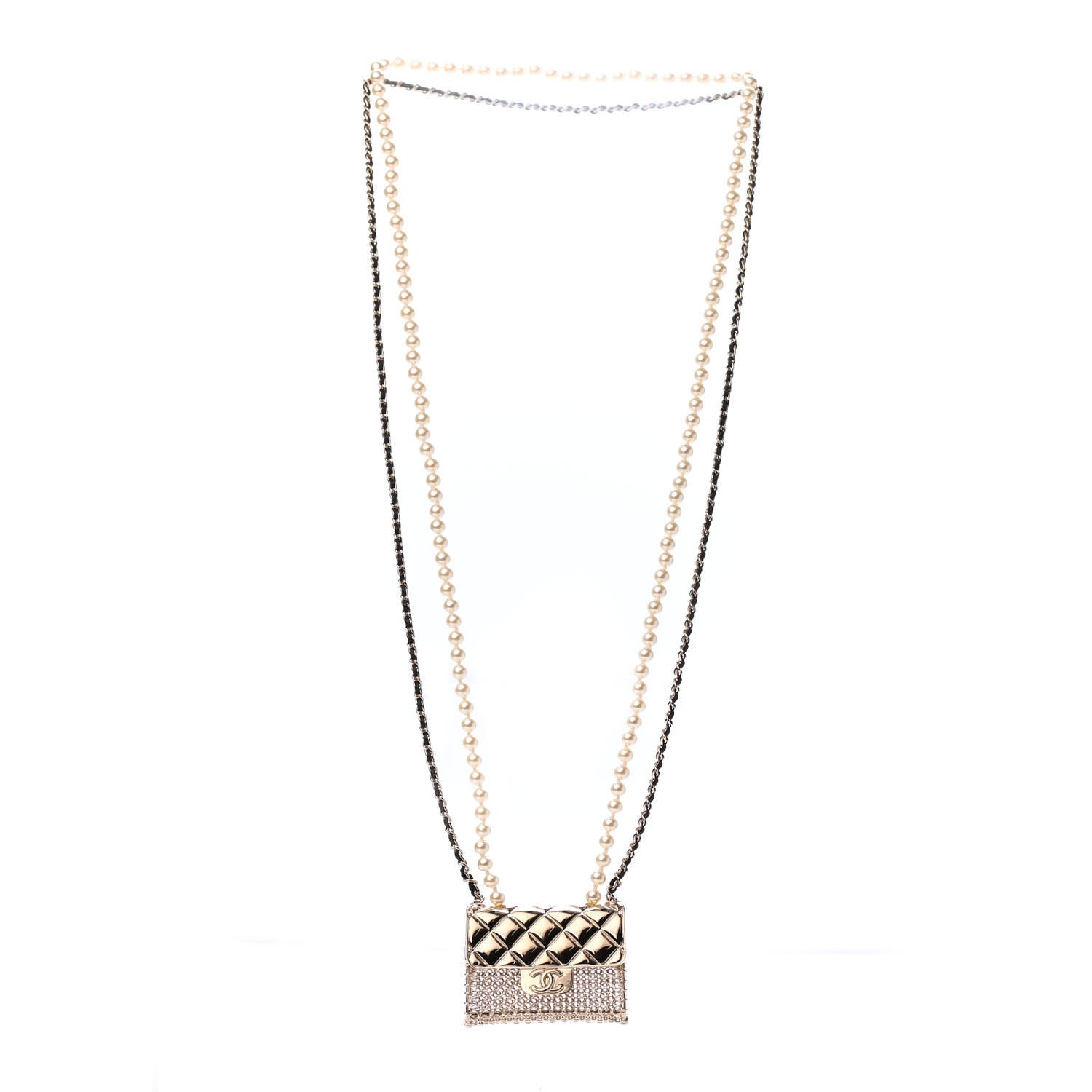 Chanel Metal Lambskin Pearl Chain Flap Bag Long Necklace Gold Black Pearly White 2 of 4