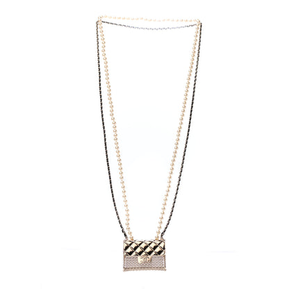 Chanel Metal Lambskin Pearl Chain Flap Bag Long Necklace Gold Black Pearly White 2 of 4