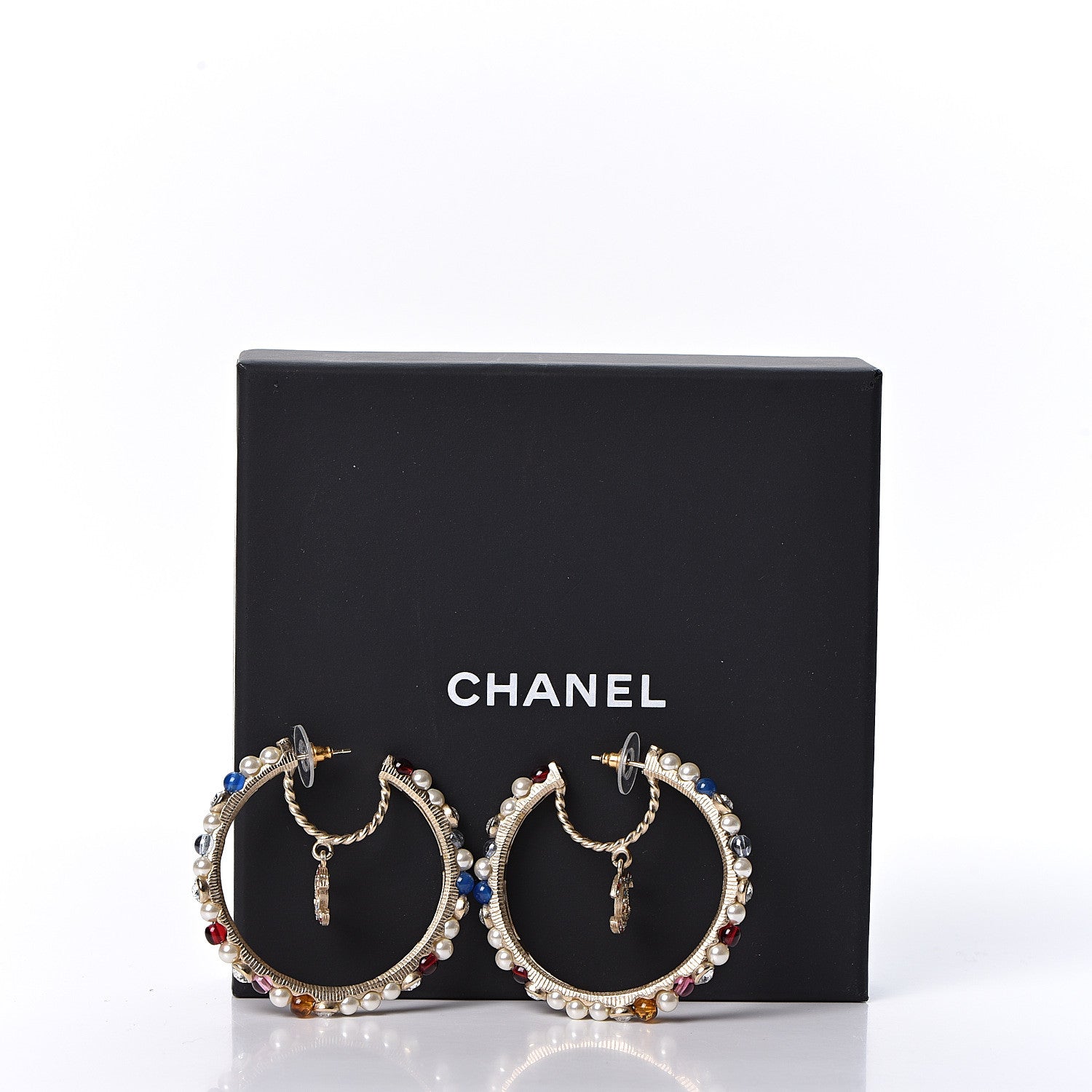 Chanel Crystal Pearl Bead CC Drop Hoop Earrings Gold Multicolor 4 of 4