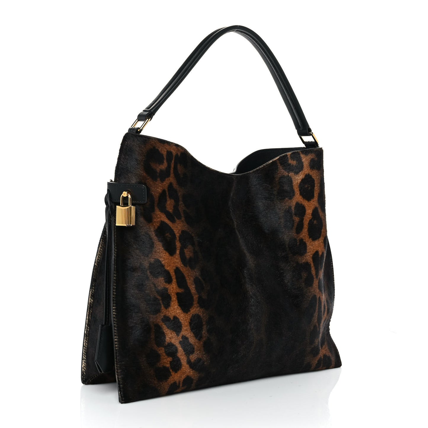 Pony Hair Leopard Print Small Alix Padlock Zip Hobo Bag Black Beige