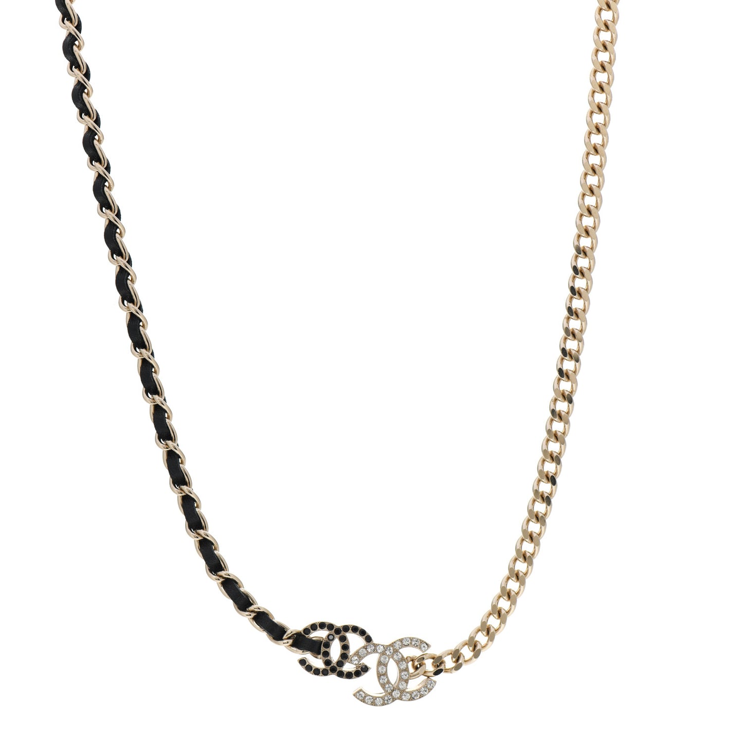 Metal Calfskin Crystal Double CC Short Necklace Black Gold