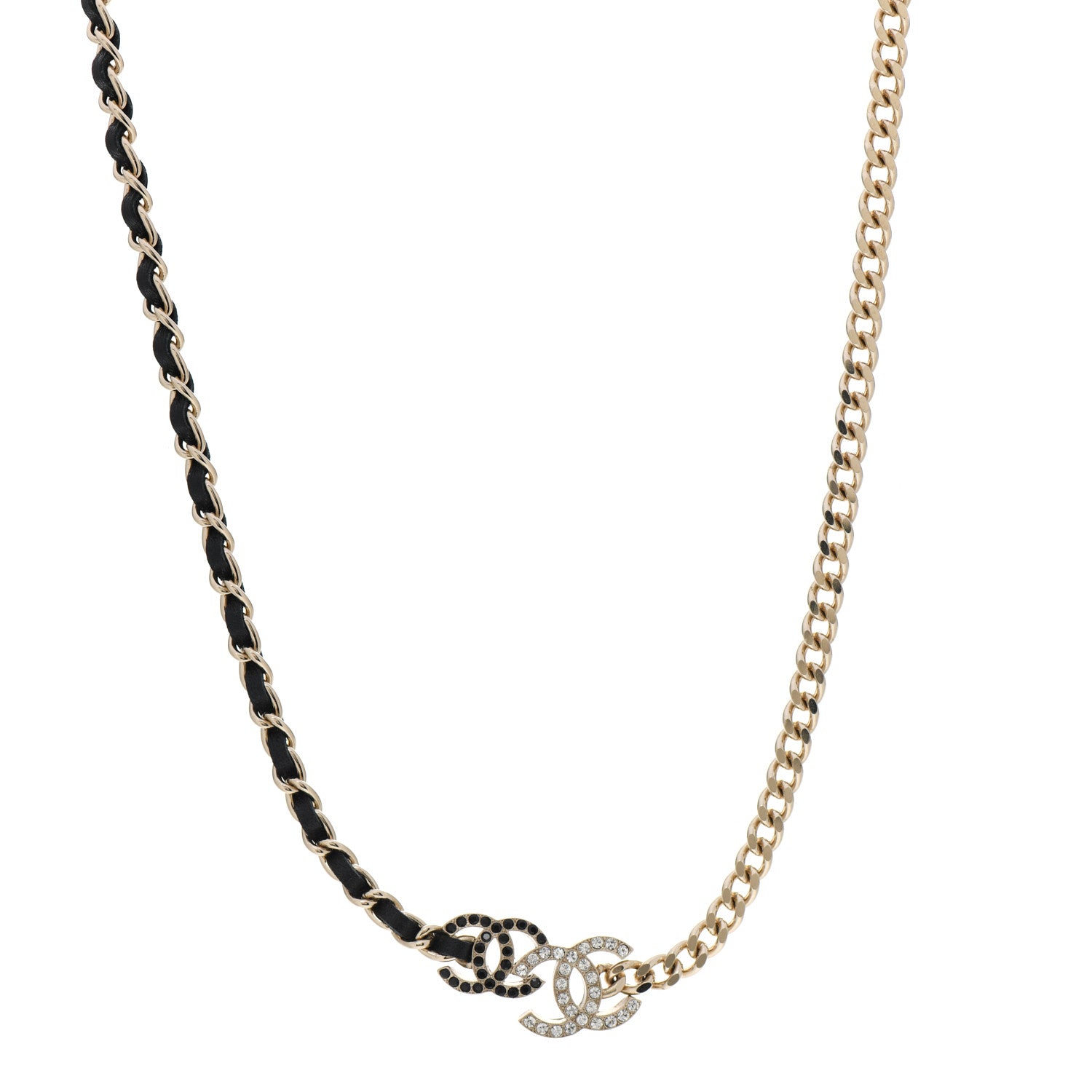 Chanel Metal Calfskin Crystal Double CC Short Necklace Black Gold 1 of 5