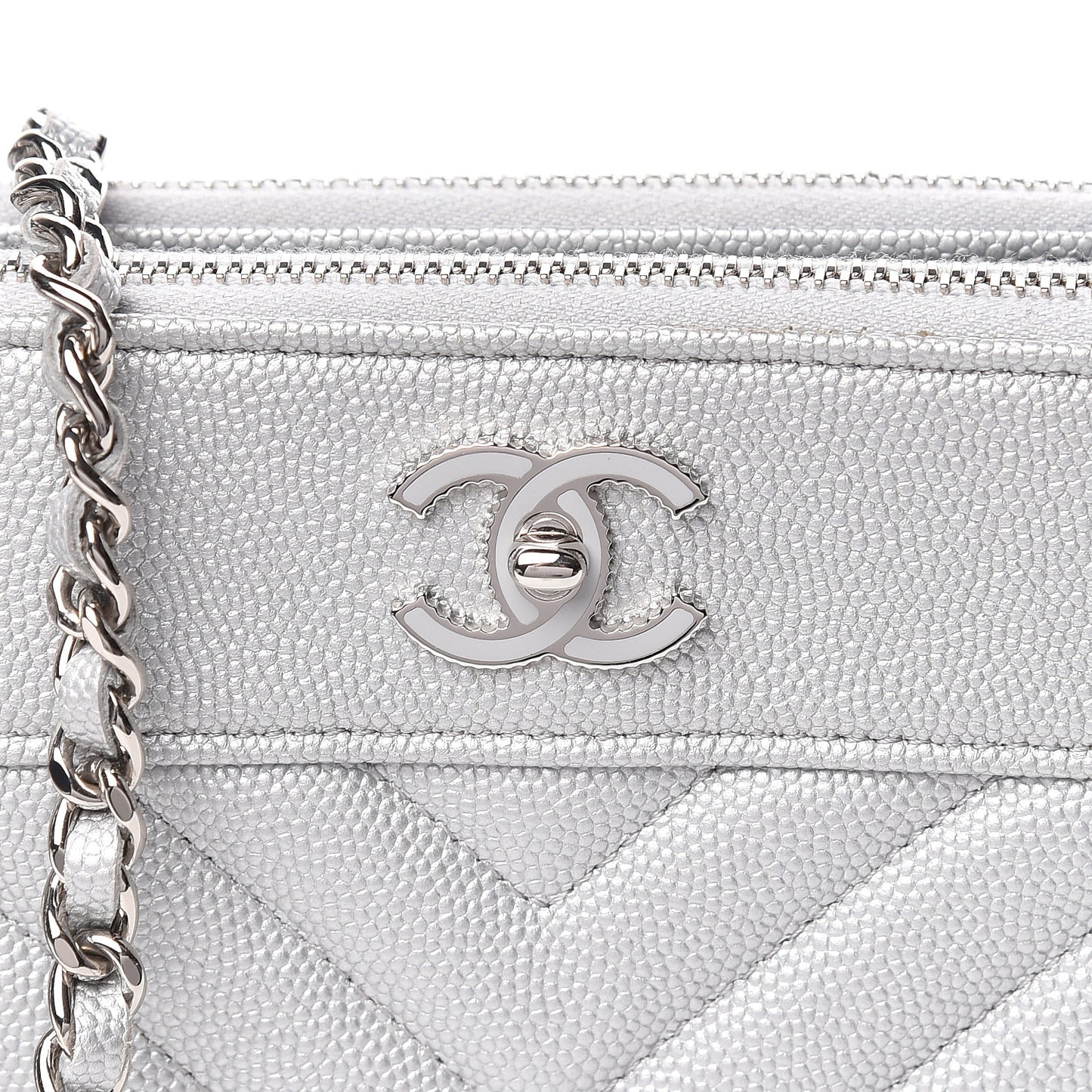 Metallic Caviar Chevron Quilted Small Vintage Mademoiselle Clutch With Chain Silver