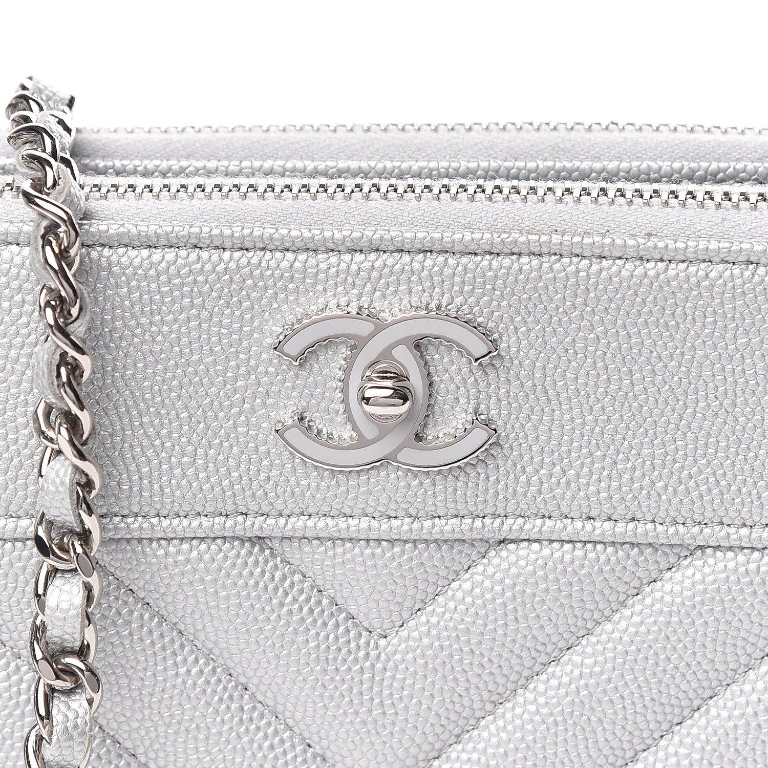 Chanel Metallic Caviar Chevron Quilted Small Vintage Mademoiselle Clutch With Chain Silver 11 of 14