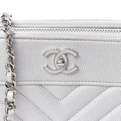 Chanel Metallic Caviar Chevron Quilted Small Vintage Mademoiselle Clutch With Chain Silver 11 of 14