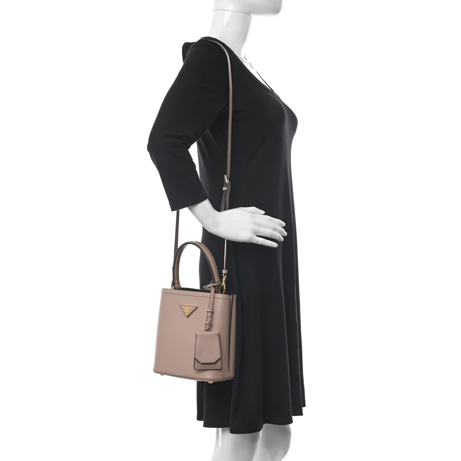Prada Saffiano Cuir Calfskin Small Panier Bucket Bag Cipria Black 2 of 10
