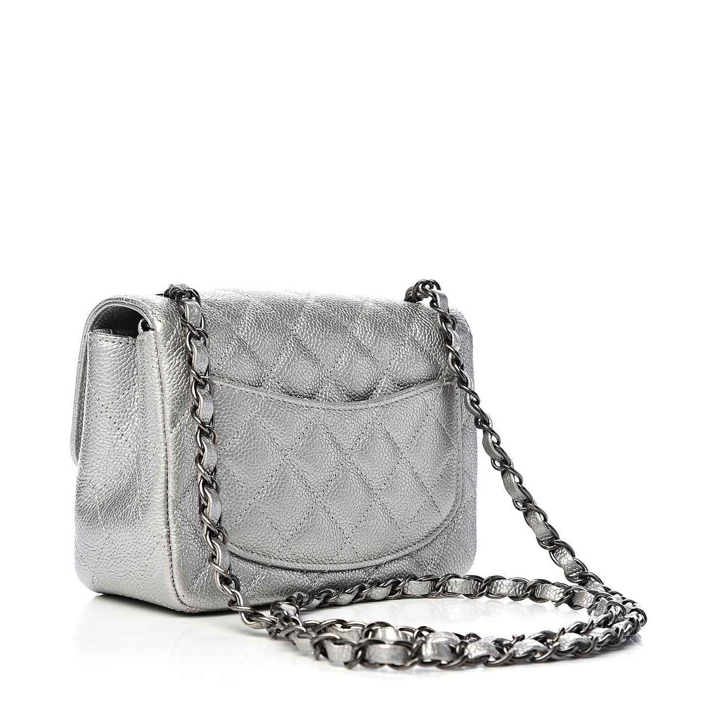 Metallic Caviar Quilted Mini Square Flap Silver