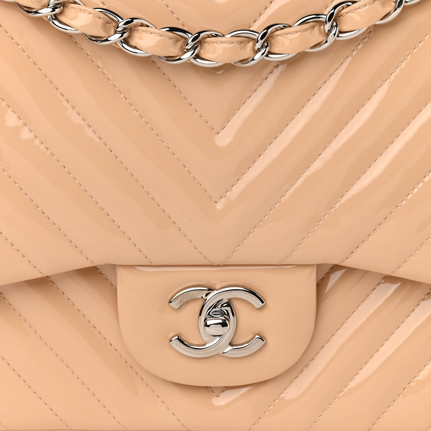 Patent Chevron Quilted Jumbo Double Flap Beige