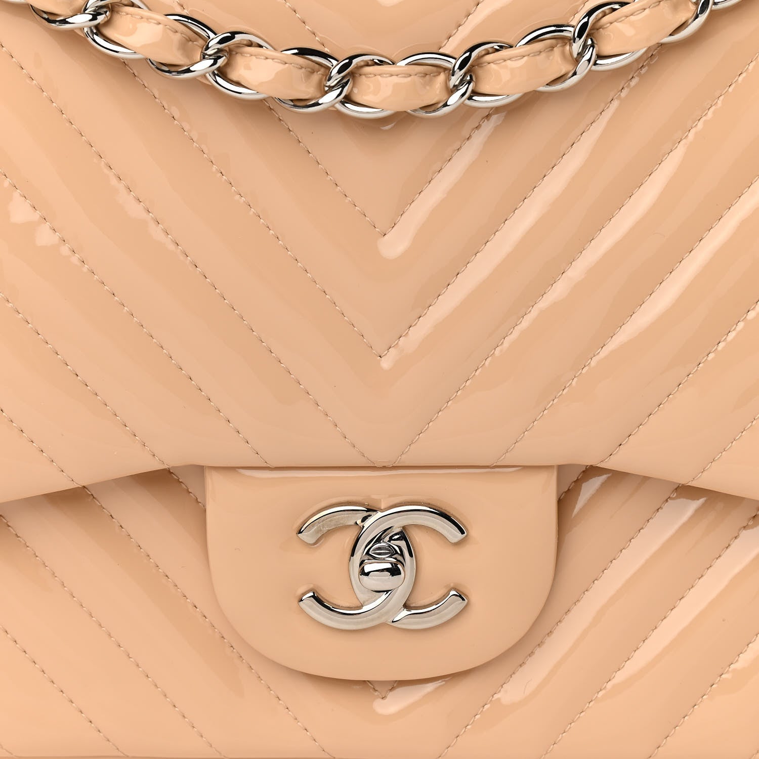 Chanel Patent Chevron Quilted Jumbo Double Flap Beige 8 of 11
