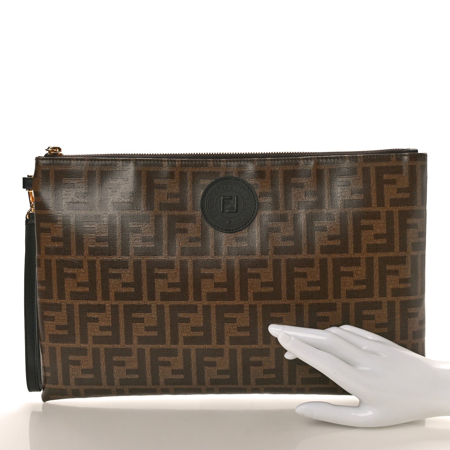 Glazed Fabric Vitello Century FF 1974 Stamp Patch Large Flat Pouch Mogano Panna Black