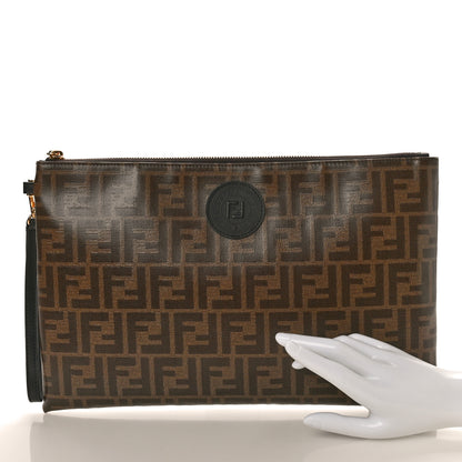 Fendi Glazed Fabric Vitello Century FF 1974 Stamp Patch Large Flat Pouch Mogano Panna Black 2 of 8