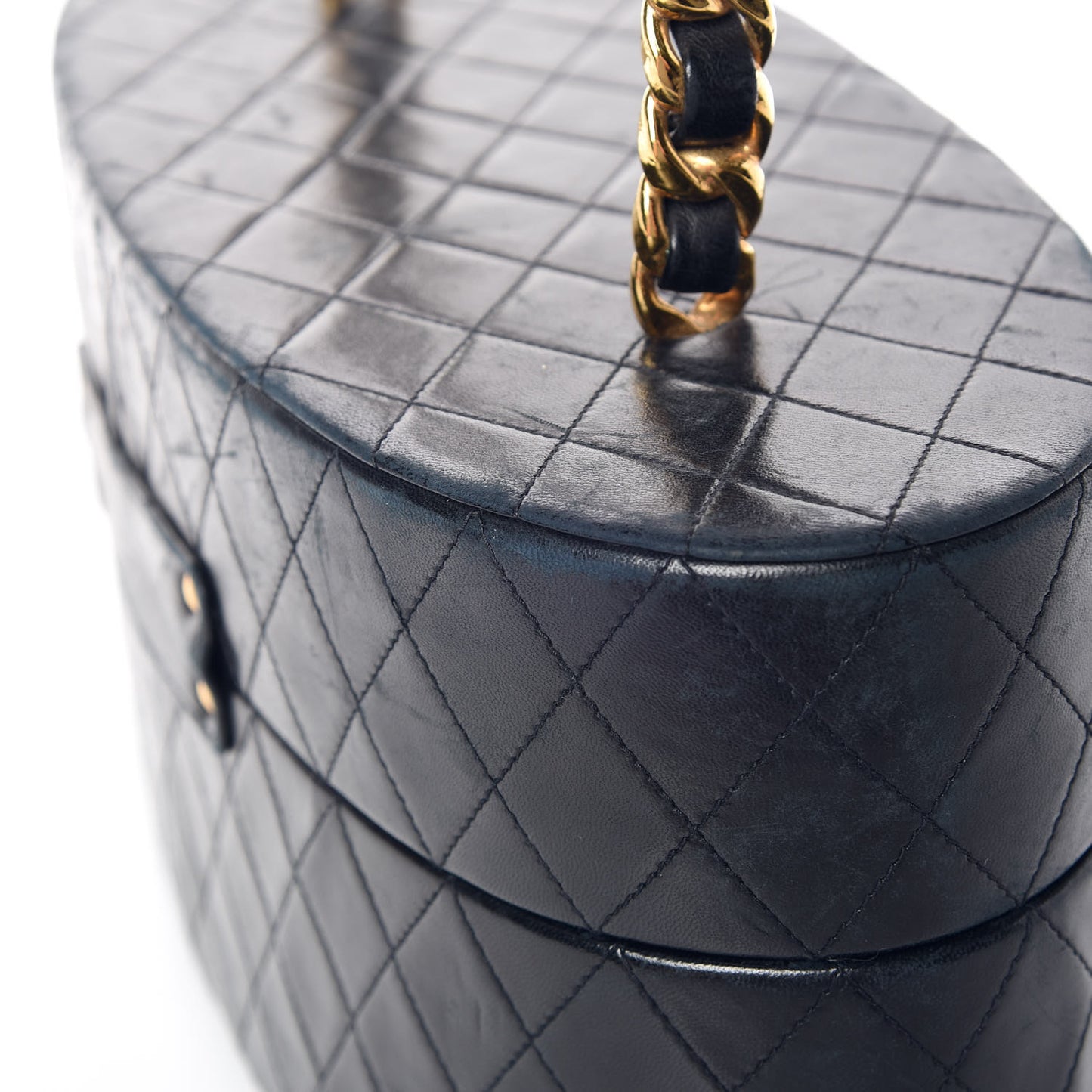 Lambskin Quilted Oval Vanity Train Case Navy