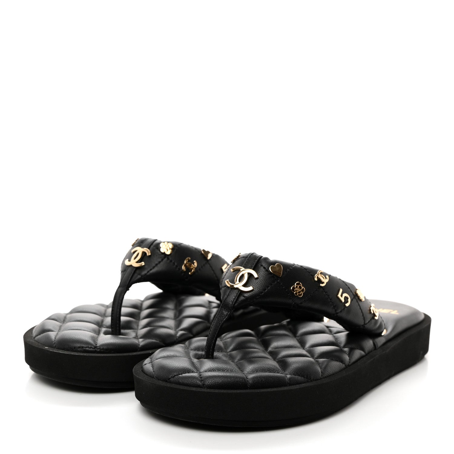 Chanel Lambskin Quilted Padded Charms Thong Sandals 37.5 Black 3 of 8