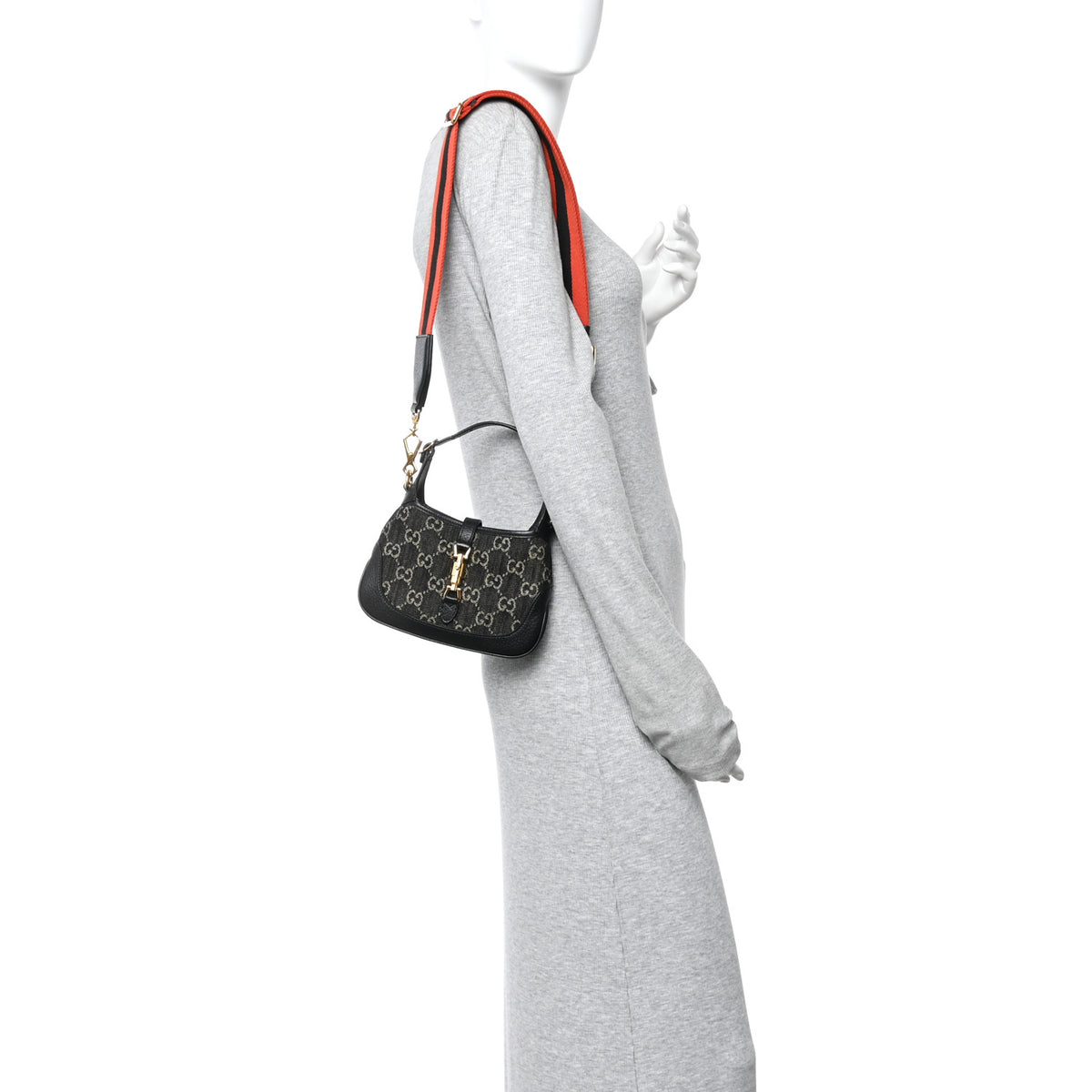 Gucci Jacquard Black Denim GG Monogram Textured Dollar Calfskin Mini Jackie 1961 Hobo Black Ivory 2 of 13