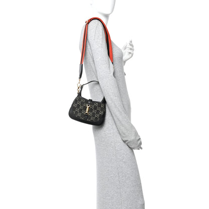 Gucci Jacquard Black Denim GG Monogram Textured Dollar Calfskin Mini Jackie 1961 Hobo Black Ivory 2 of 13