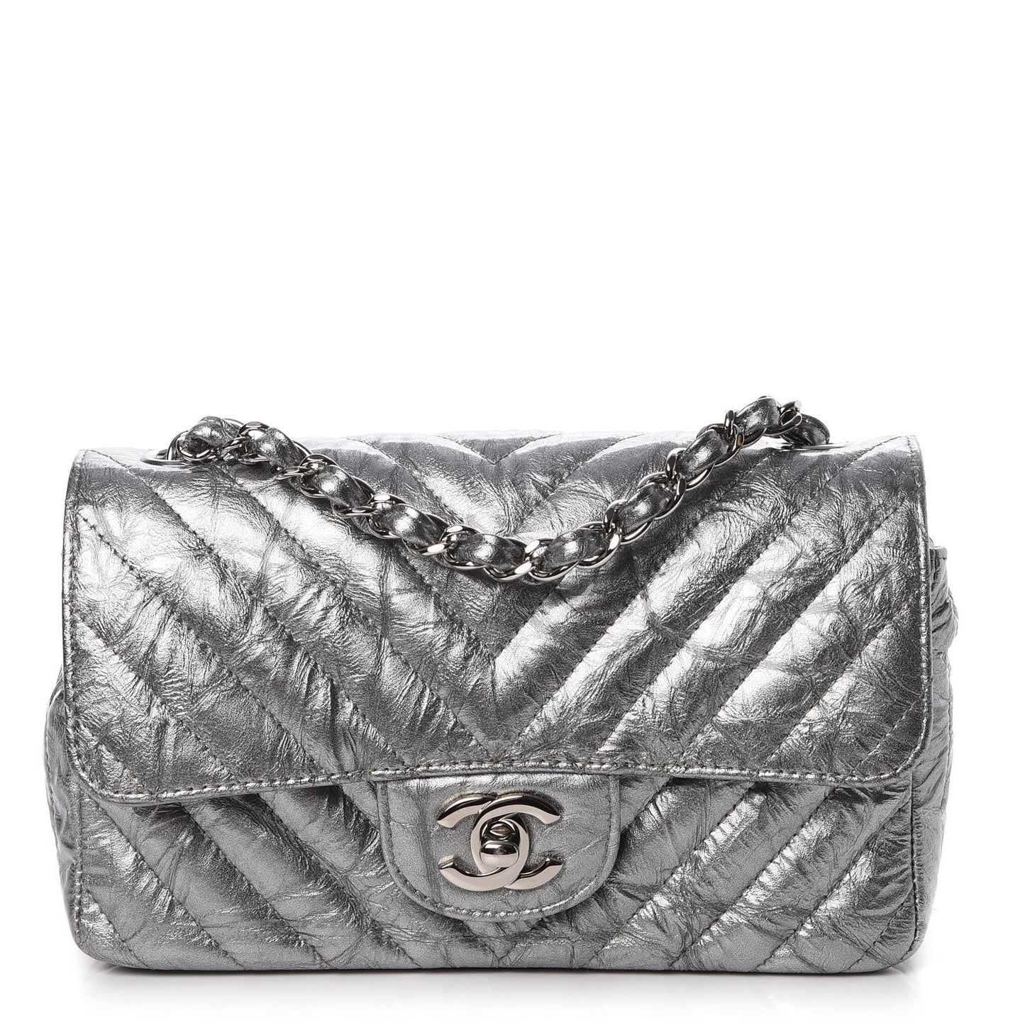 Patent Metallic Crumpled Calfskin Chevron Quilted Mini Rectangular Flap Silver