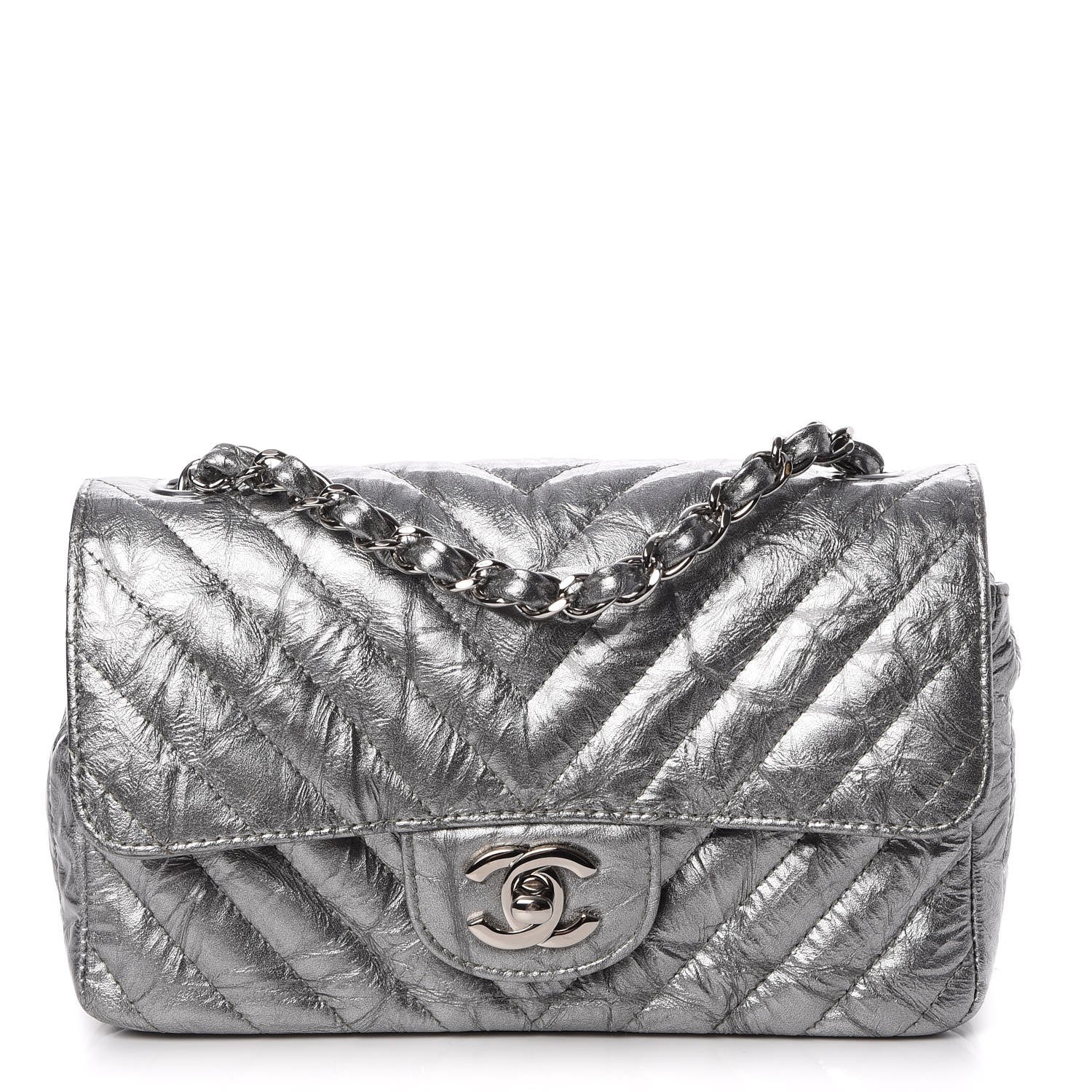 Chanel Patent Metallic Crumpled Calfskin Chevron Quilted Mini Rectangular Flap Silver 1 of 11