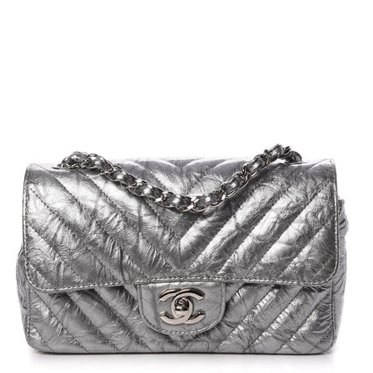 Chanel Patent Metallic Crumpled Calfskin Chevron Quilted Mini Rectangular Flap Silver 1 of 11
