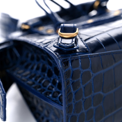 Balenciaga Shiny Supple Calfskin Crocodile Embossed Neo Classic Gold Hardware Mini City Navy 8 of 12