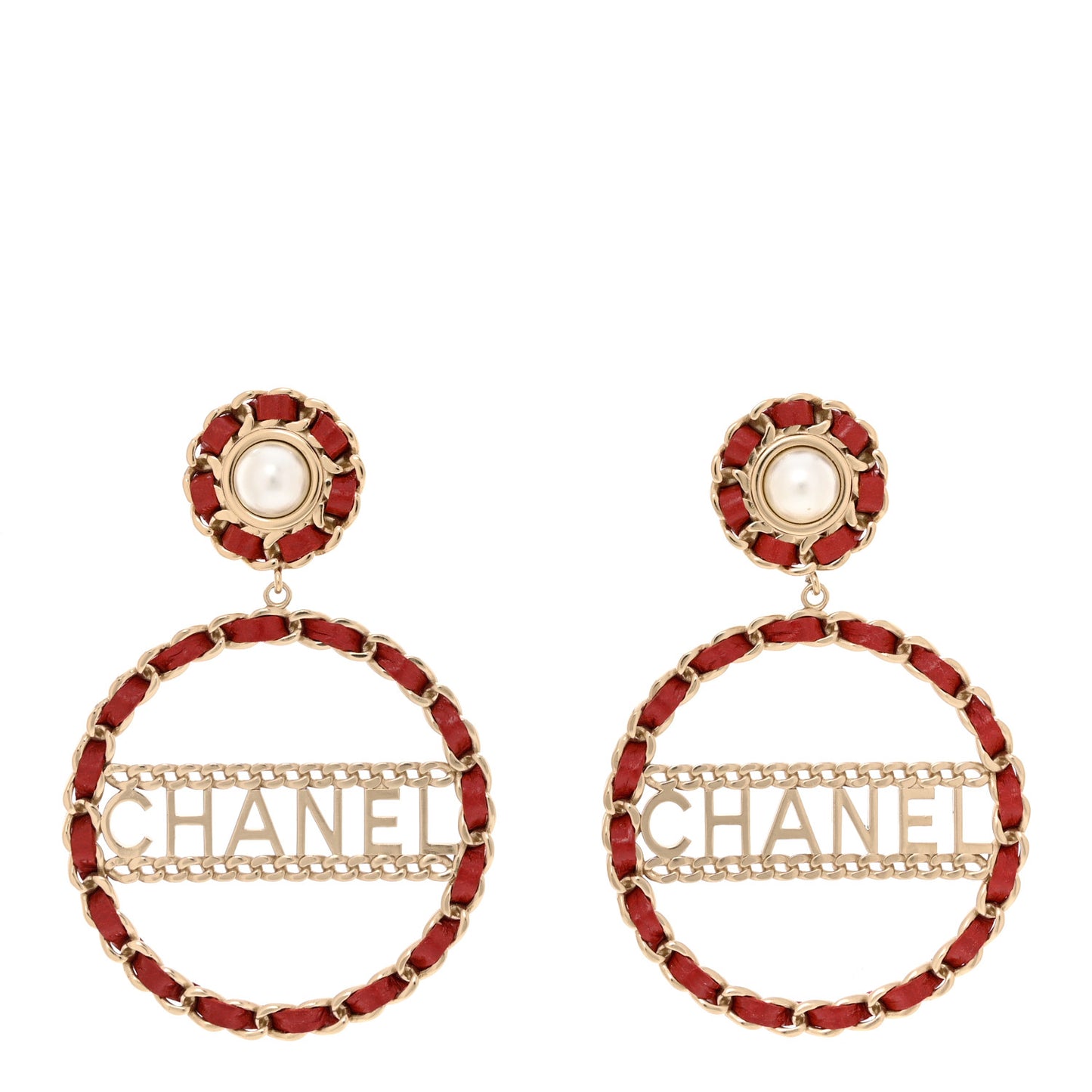 Pearl Lambskin Chain Logo Hoop Clip On Earrings Red Gold