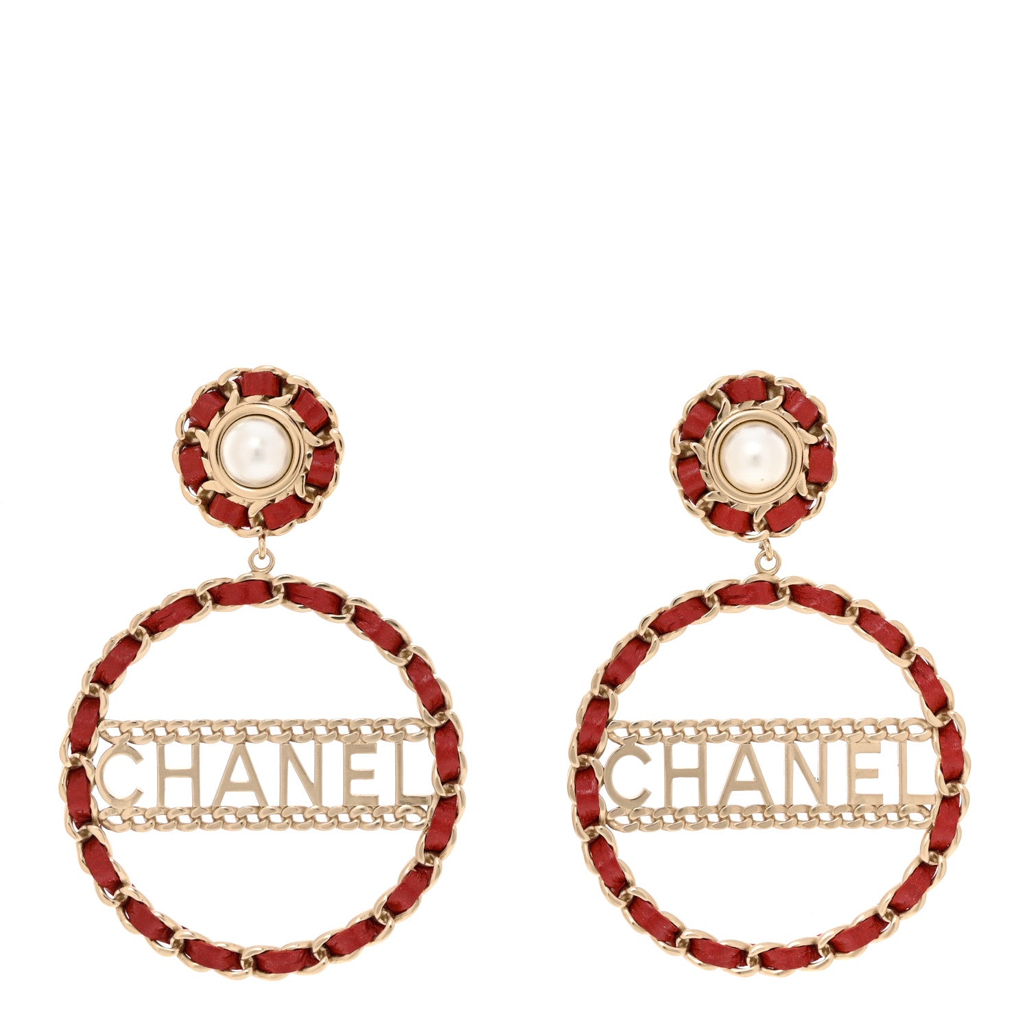 Chanel Pearl Lambskin Chain Logo Hoop Clip On Earrings Red Gold 1 of 4