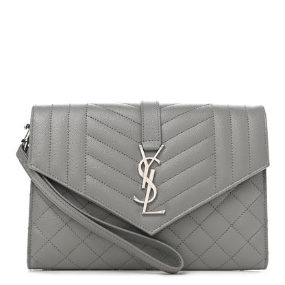 Saint Laurent Grain De Poudre Textured Mixed Matelasse Triquilt Monogram Clutch Storm 1 of 8