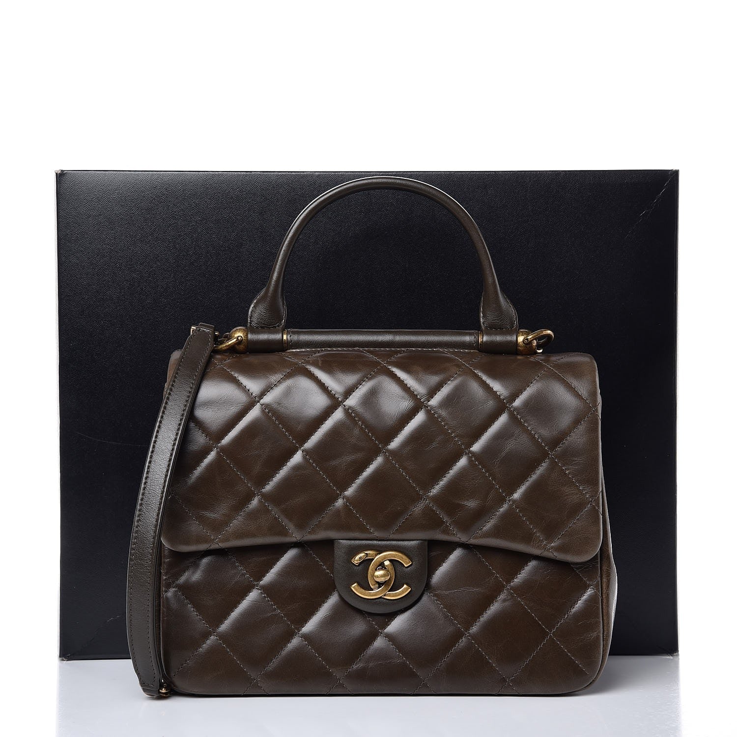 Chanel Calfskin Quilted Medium Gold Bar Top Handle Flap Dark Khaki 8 of 8