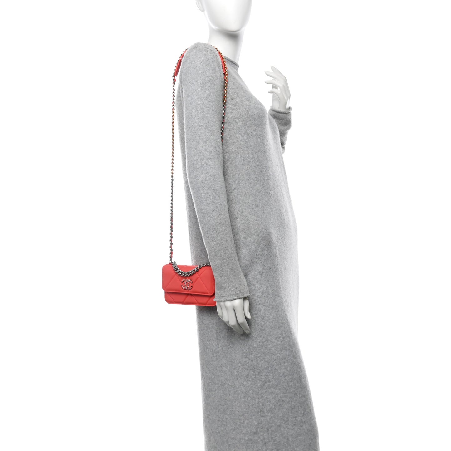 Lambskin Quilted Chanel 19 Flap Phone Holder With Chain Coral