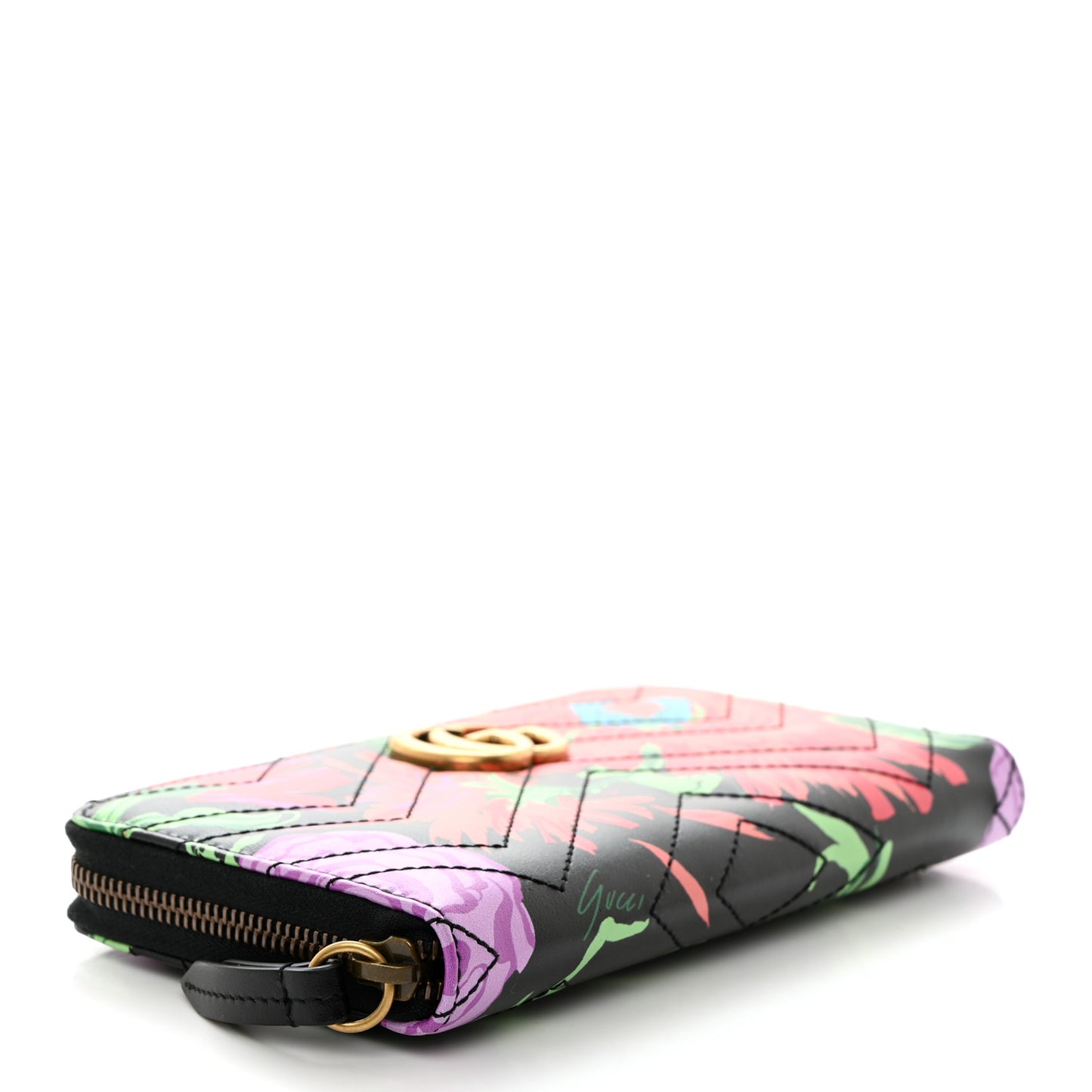 X KEN SCOTT Calfskin Matelasse Floral Print GG Marmont Zip Around Wallet Black