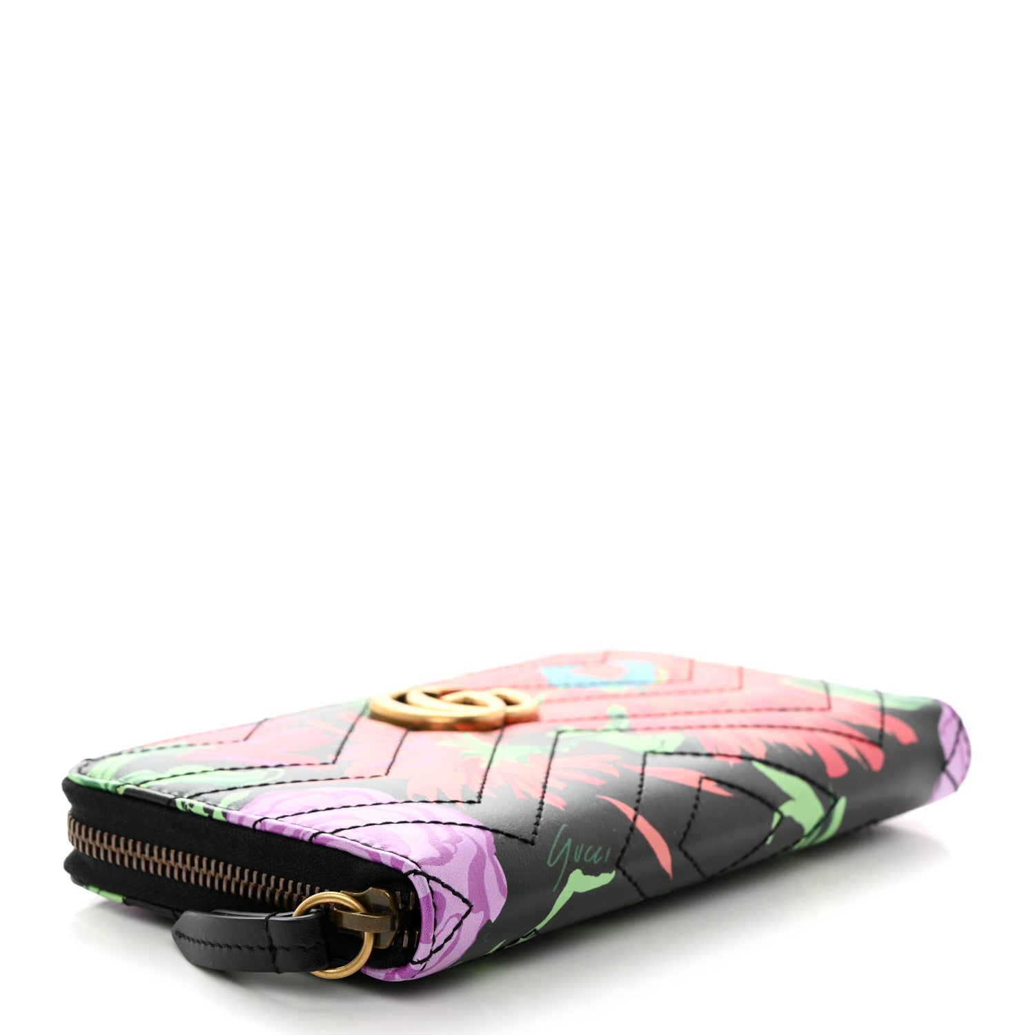 Gucci X KEN SCOTT Calfskin Matelasse Floral Print GG Marmont Zip Around Wallet Black 4 of 8