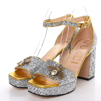 Gucci Glitter Soko Bee Platform Mid Heel Sandals 38.5 Argento Oro Vecchio 3 of 10
