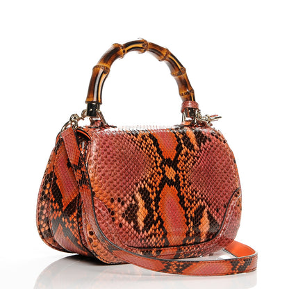 Gucci Python Medium New Bamboo Top Handle Bag Neon Orange Raspberry Pink 3 of 8