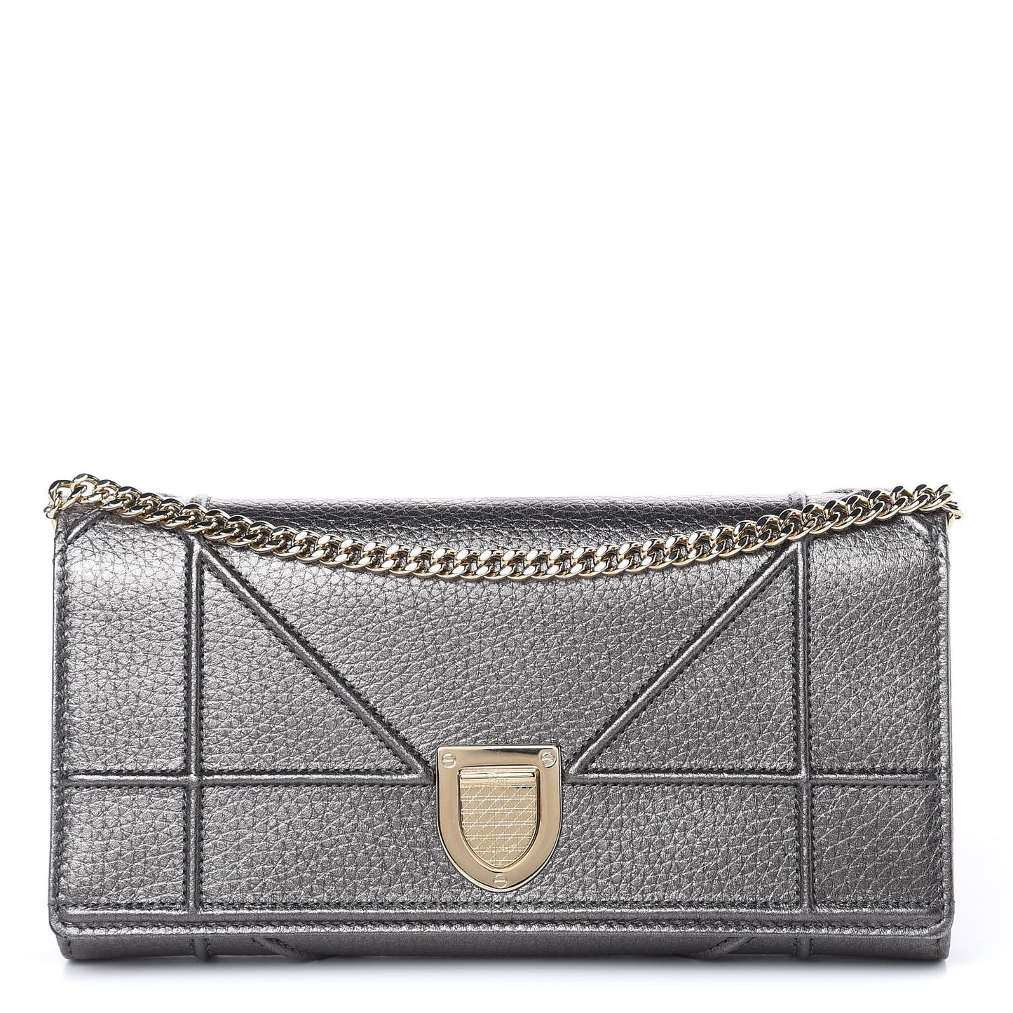 Metallic Grained Calfskin Diorama Croisiere Chain Wallet Gunmetal Grey