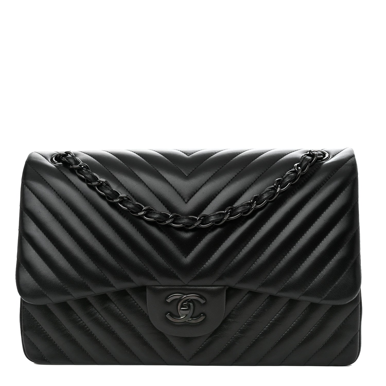 Chanel Lambskin Chevron Quilted Jumbo Double Flap So Black 1 of 11