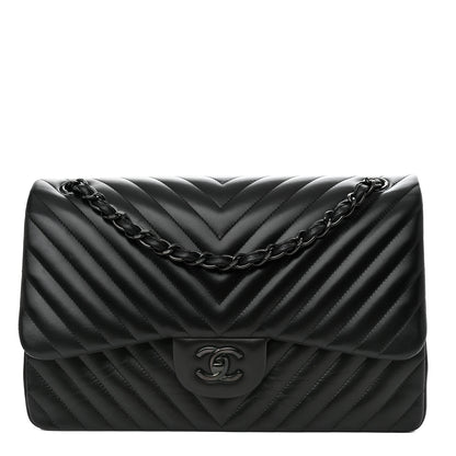 Chanel Lambskin Chevron Quilted Jumbo Double Flap So Black 1 of 11