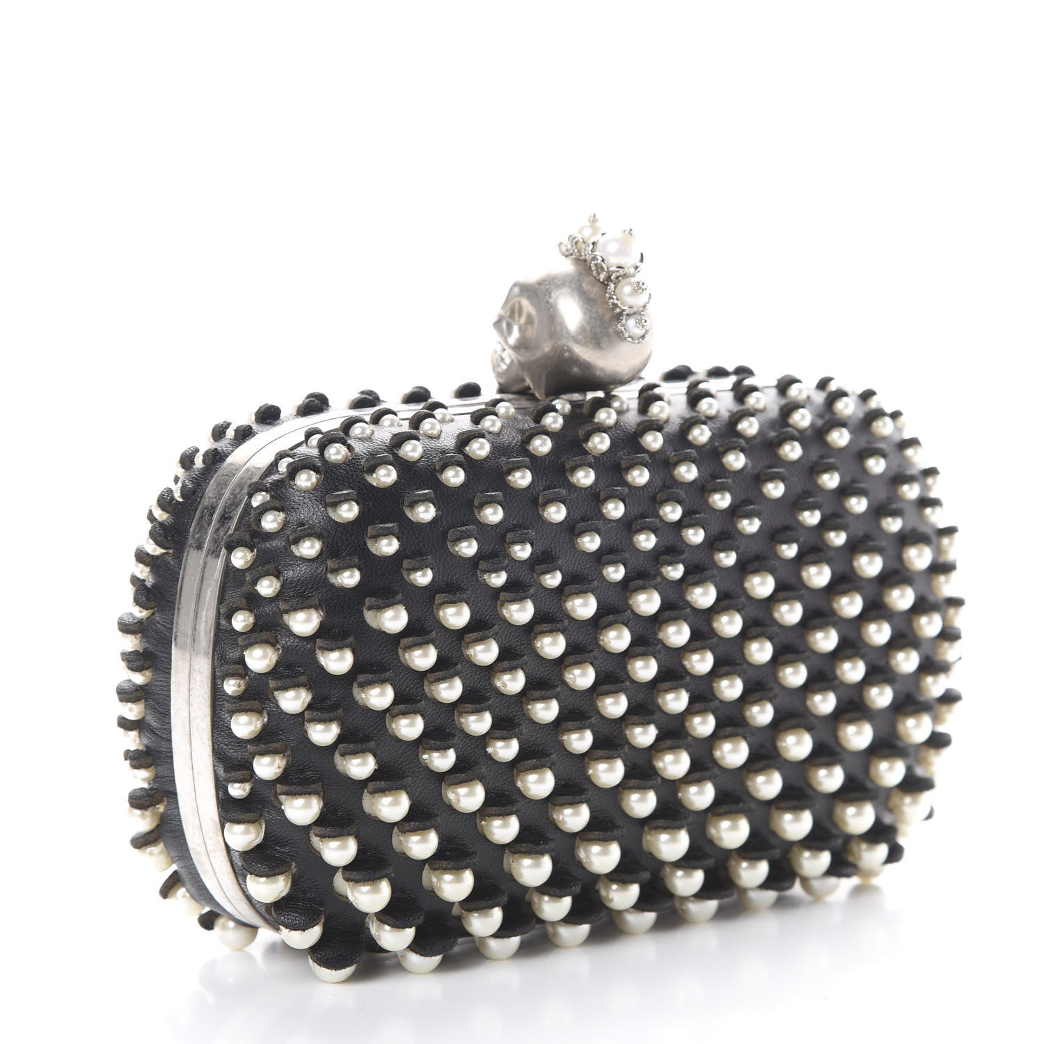 Alexander McQueen Pearl Embellished Calfskin Skull Box Clutch Black 2 of 9