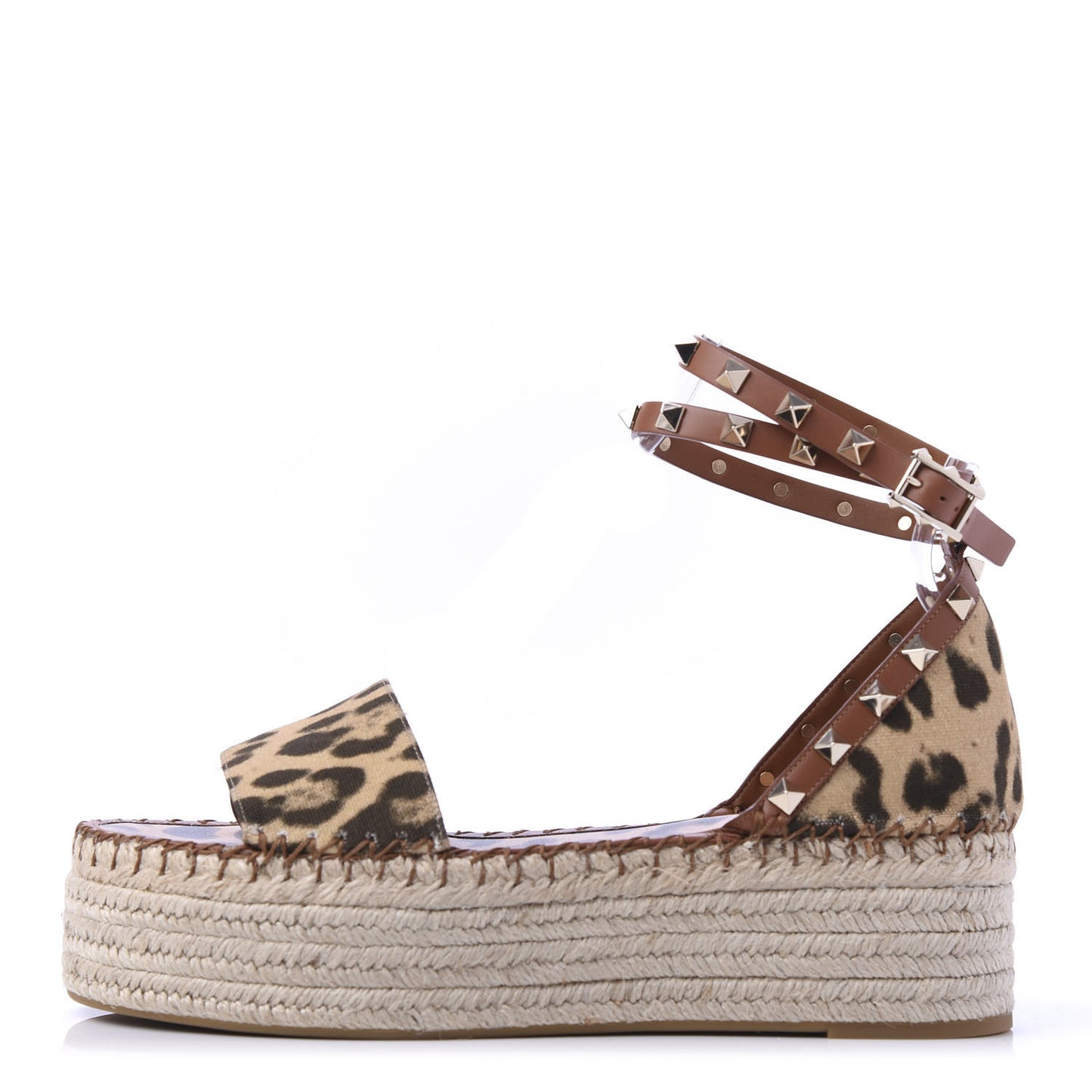 Canvas Leopard Print Rockstud Ankle Wrap Espadrille Flatform Sandals 40 Brown