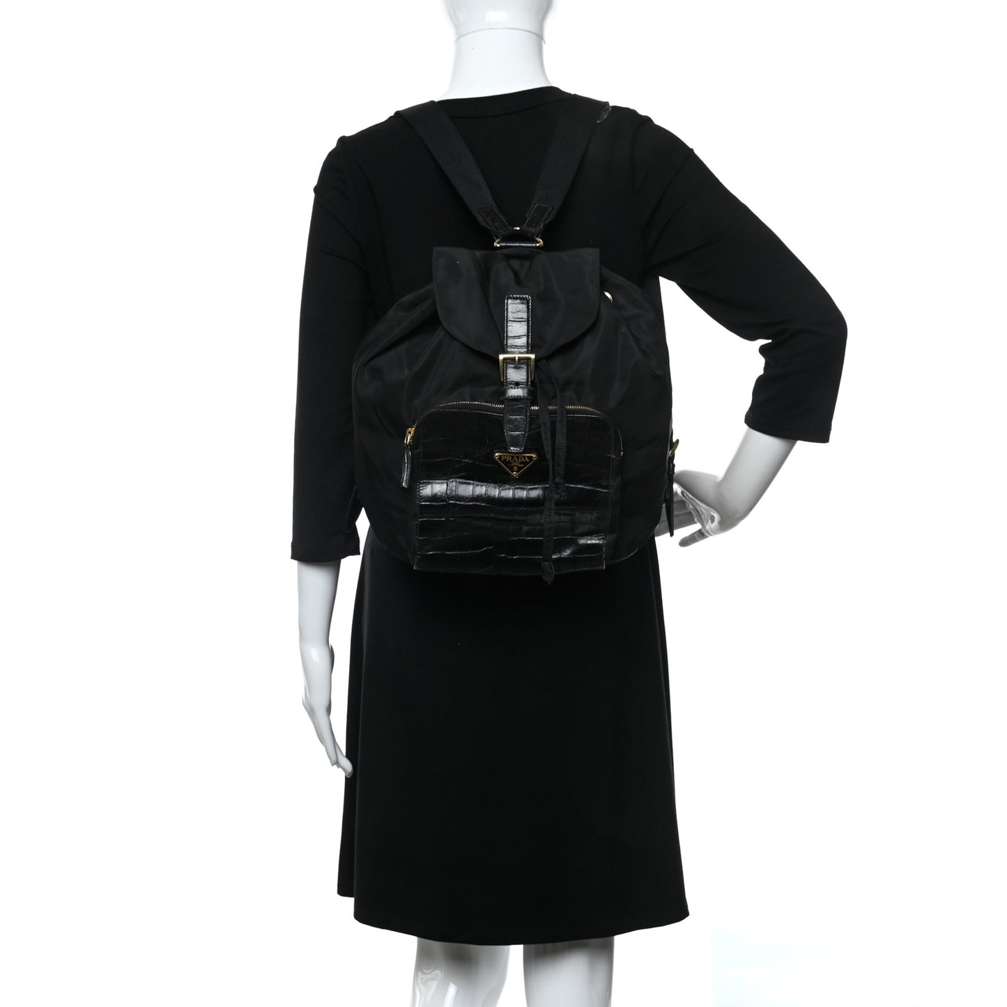 Tessuto Nylon Crocodile Embossed Calfskin Cinch Backpack Black