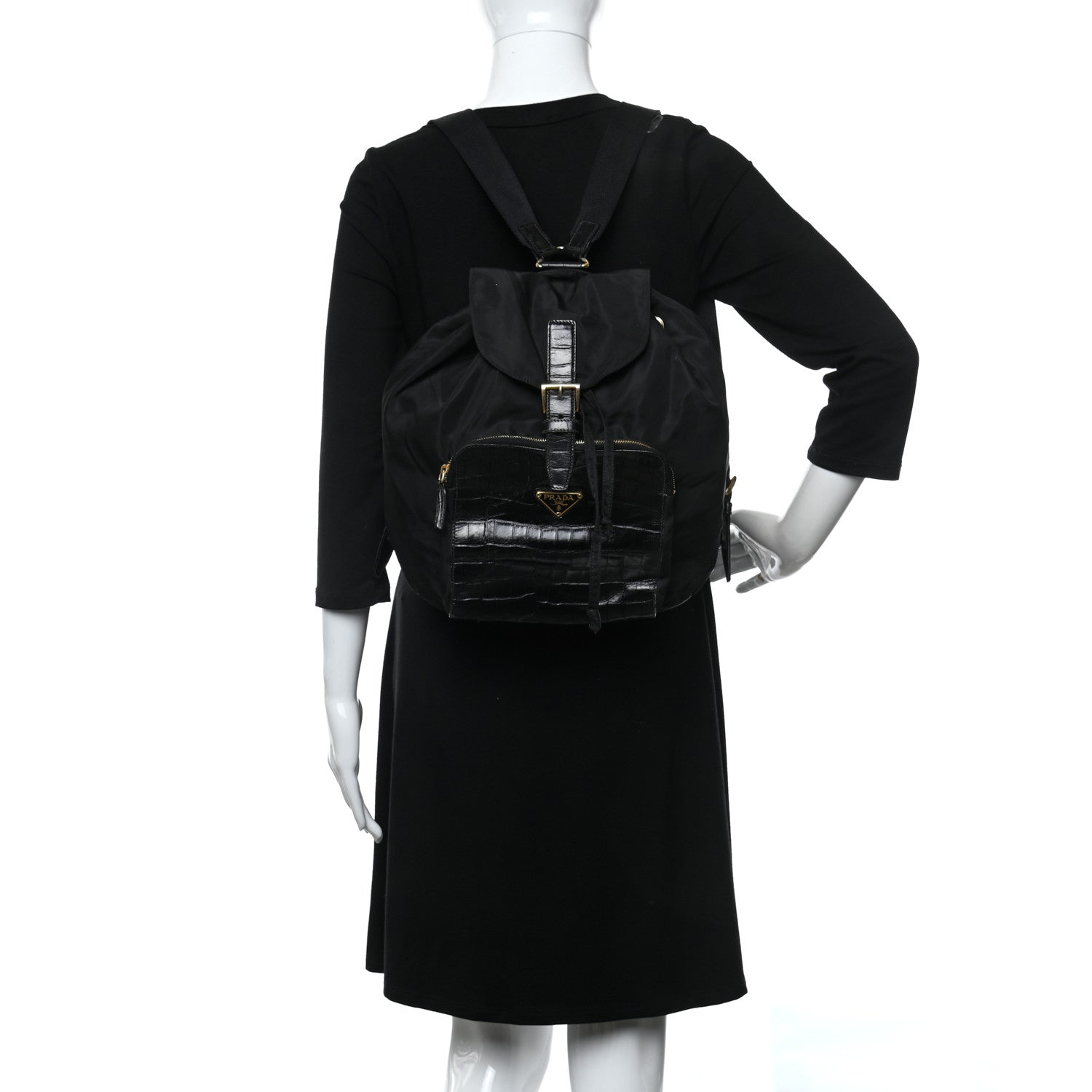 Prada Tessuto Nylon Crocodile Embossed Calfskin Cinch Backpack Black 2 of 28