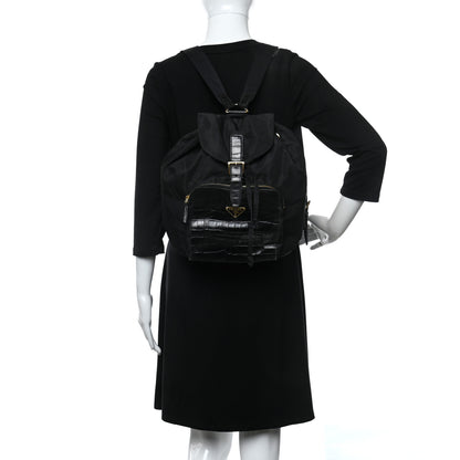 Prada Tessuto Nylon Crocodile Embossed Calfskin Cinch Backpack Black 2 of 28