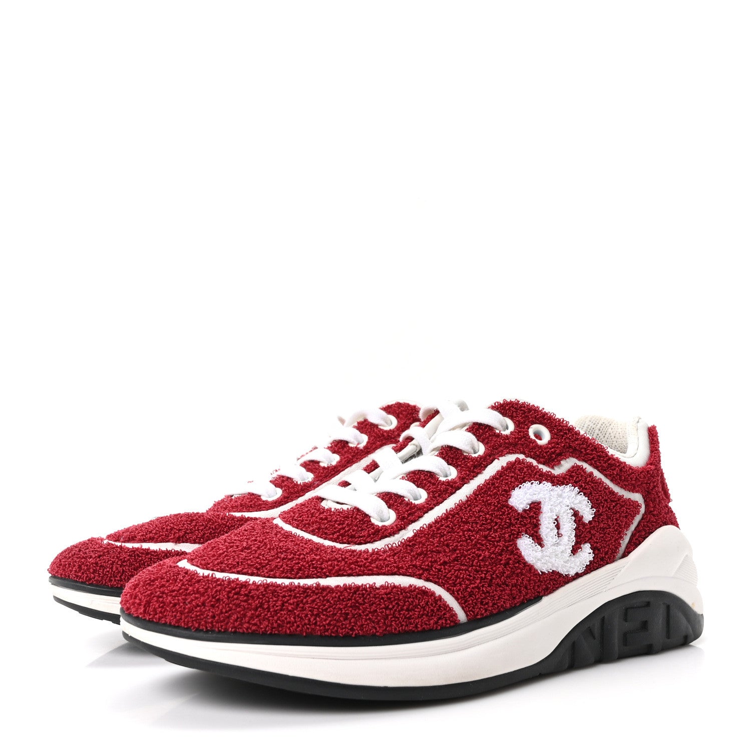 Chanel Terry Cloth Calfskin Womens Logo Sneakers 38 Red White 4 of 8