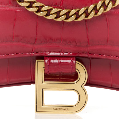 Balenciaga Shiny Calfskin Crocodile Embossed Hourglass Chain Bag Dark Red 9 of 11
