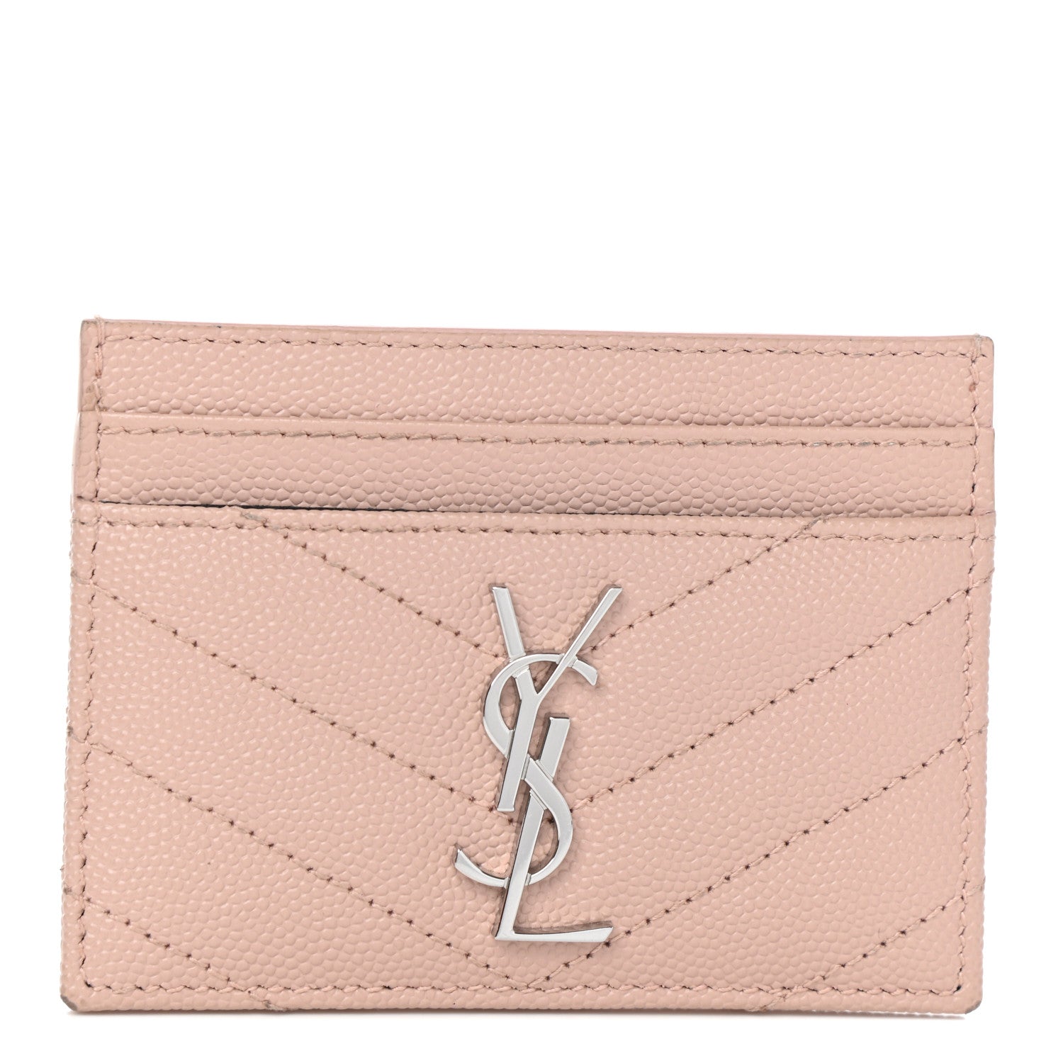 Saint Laurent Grain De Poudre Matelasse Chevron Monogram Credit Card Case Pale Pink 1 of 7