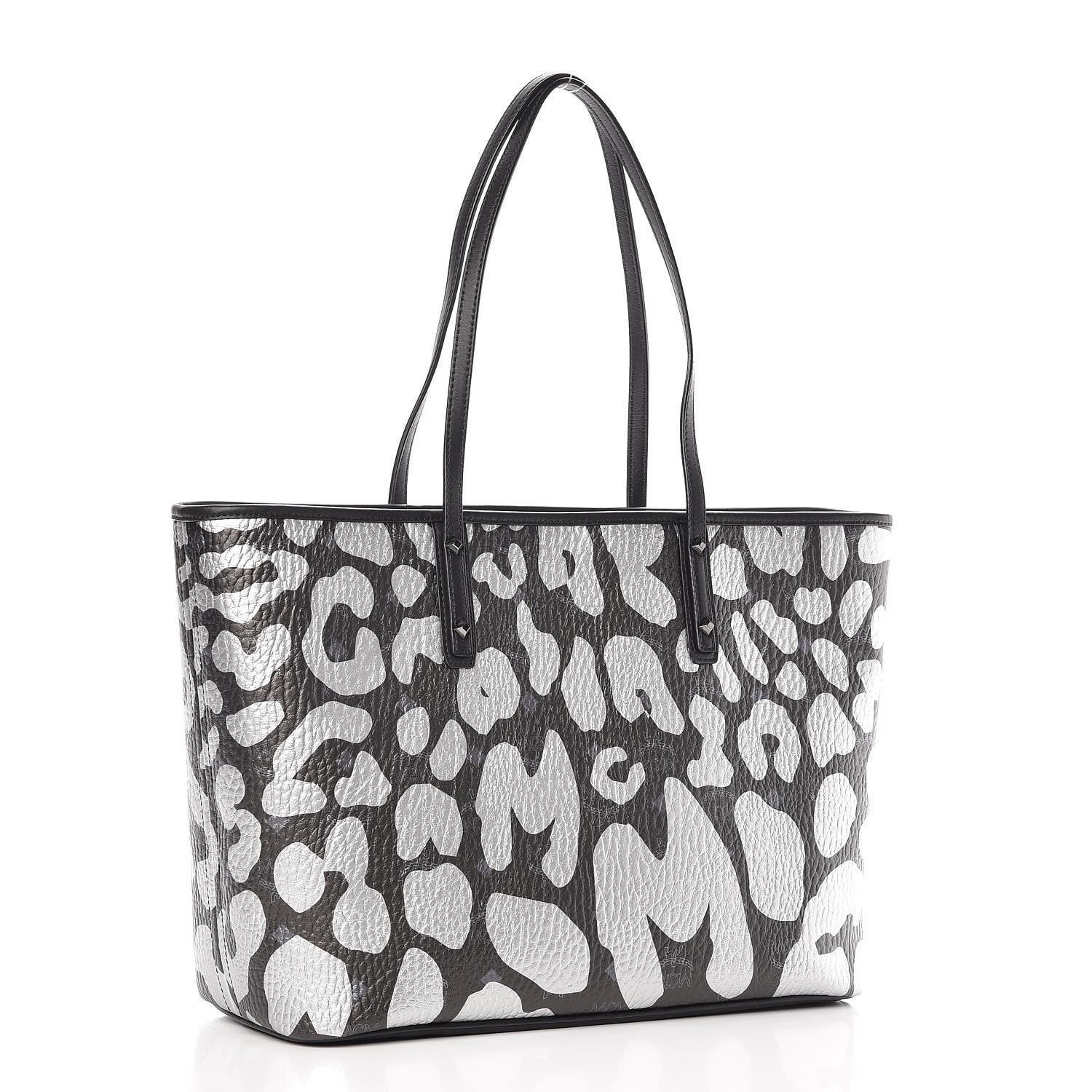 MCM Visetos Metallic Leopard Print Medium Anya Shopper Tote Black 4 of 12