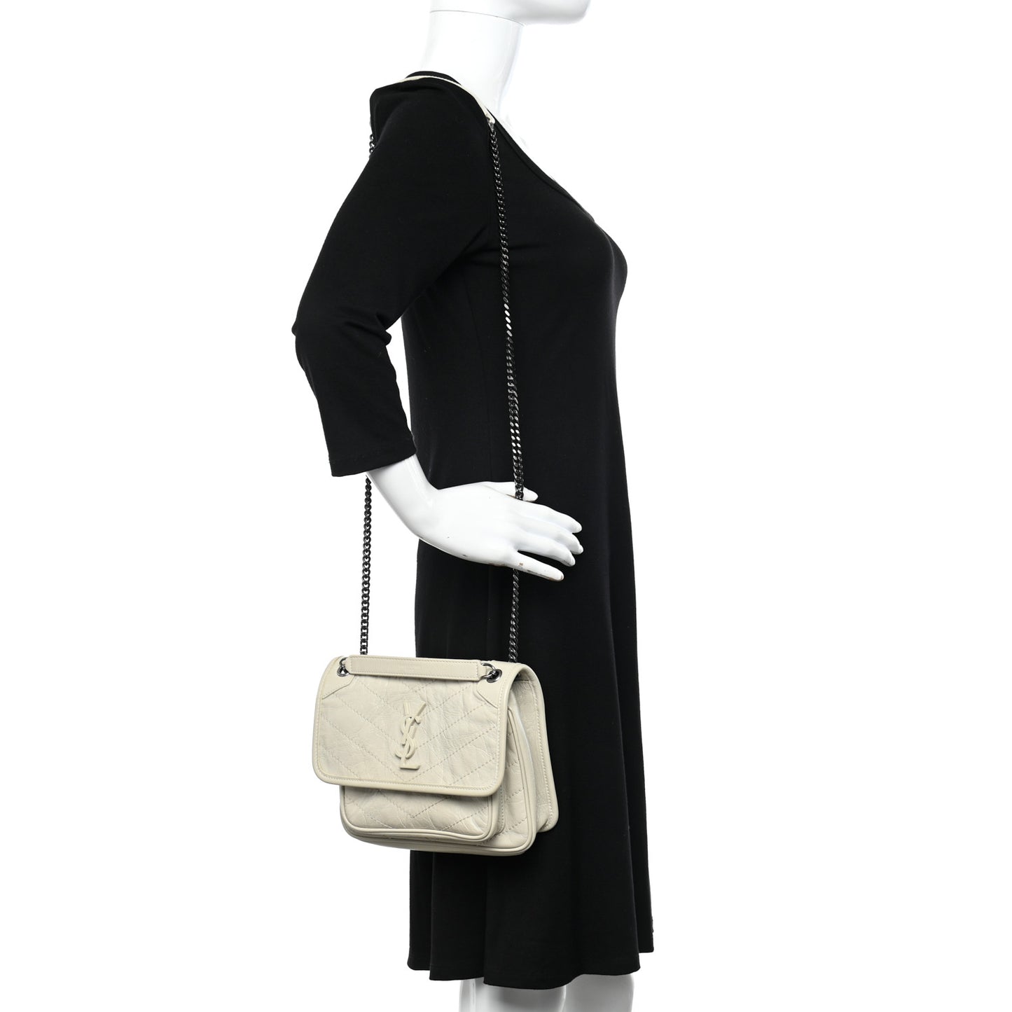 Crinkled Calfskin Matelasse Monogram Baby Niki Chain Satchel Ivory