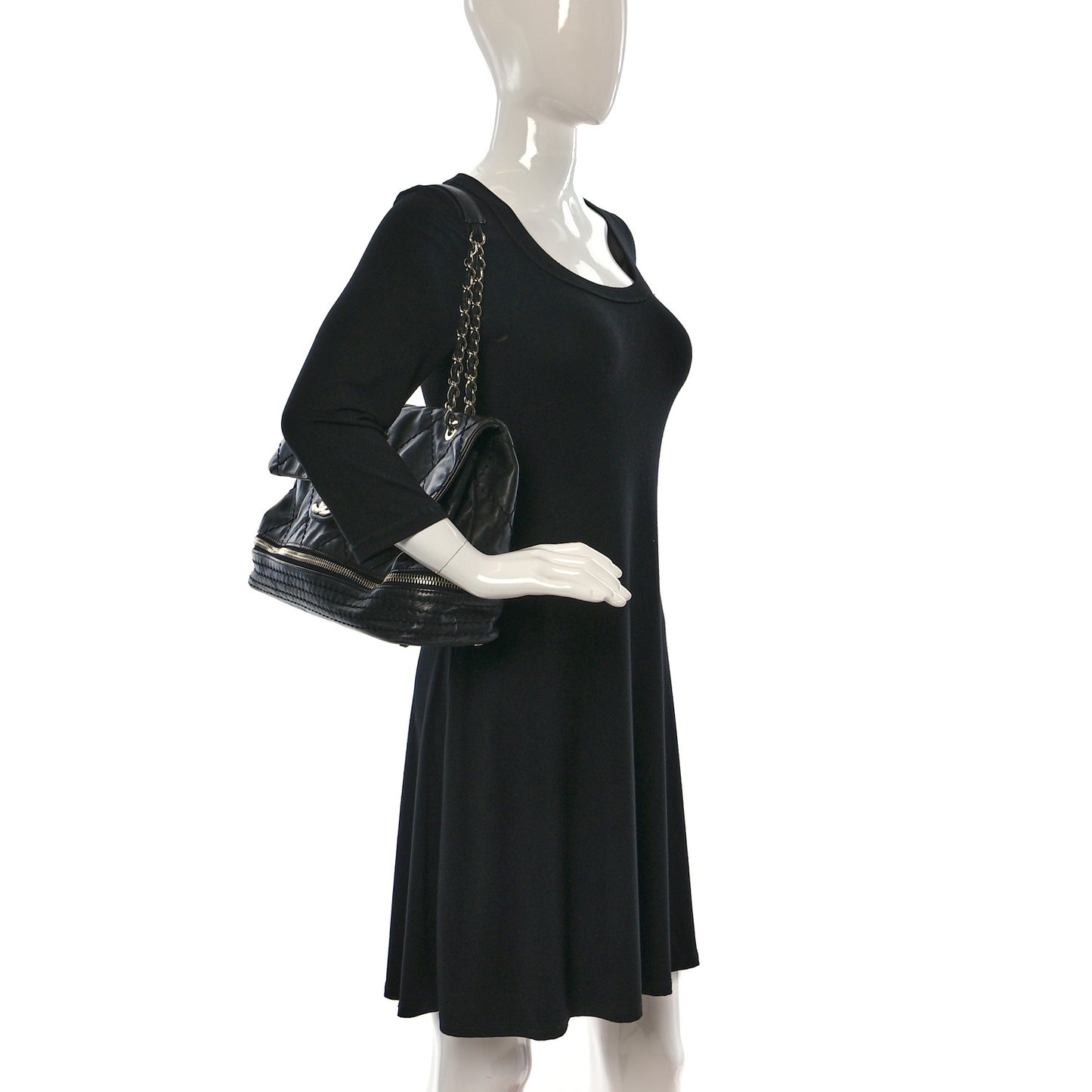 Calfskin Stitched Large Expandable Flap Bag Black